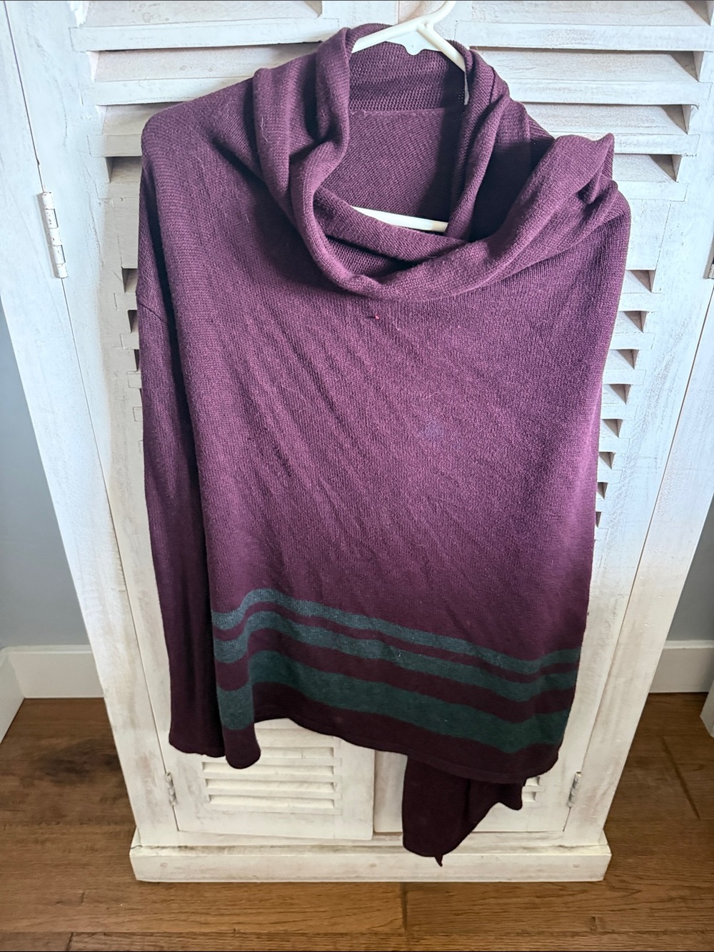 CAbi Plum Cowl-Neck Poncho with Teal Stripe Hem